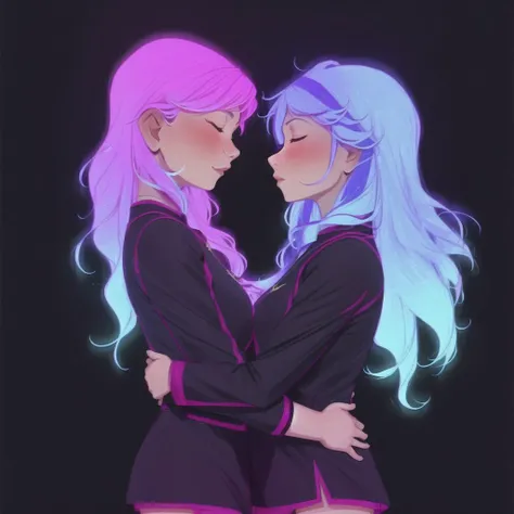 <lora:glowhair:1> , glowing, 2girls, blue hair, blue legwear, braid, brown eyes, closed eyes, closed mouth, crown braid, from side, garreg mach monastery uniform, hug, long hair, long sleeves, multiple girls, open mouth, pink hair, thigh-highs, twintails, uniform