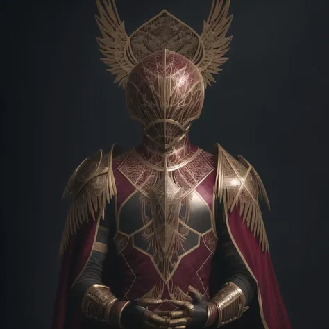 <lora:detkokosh:1> , detkokosh, 1boy, armor, beard, cape, facial hair, faulds, full armor, gauntlets, greaves, head wings, helmet, male focus, solo, stairs, wings