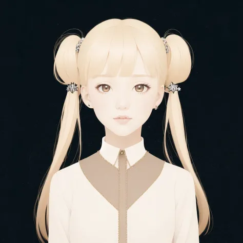 <lora:whytcat:1.0>, starry background, 1girl, bangs, blonde hair, blurry, facial mark, forehead mark, gradient, lips, long hair, parted bangs, pearl, solo, twintails, upside-down