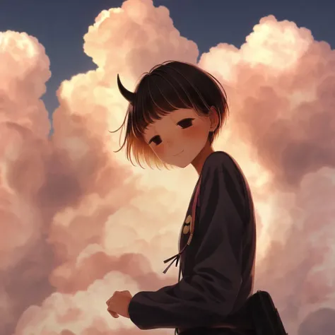<lora:natsu_ichi2:1> , natsu, 1boy, 1girl, black hair, closed eyes, clouds, couple, hand holding, heaven, horns, long hair, pilot suit, pink hair, short hair, user wrxh8852