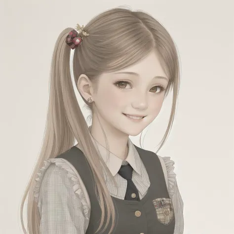<lora:alice2:1.0>, 1girl, black legwear, brown eyes, brown hair, hair ornament, highres, long hair, looking at viewer, plaid, plaid skirt, school, school uniform, shirt, side ponytail, skirt, smile, solo