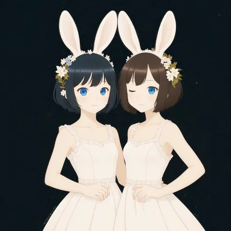 <lora:whytcat:1.0>, starry background,  2girls, animal, animal on head, blue dress, blue eyes, blue hair, brown eyes, brown hair, collarbone, dress, hand holding, highres, multiple girls, on head, one eye closed, rabbit, short hair, white dress