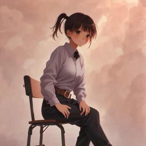 <lora:natsu_ichi2:1> , natsu,  1girl, alternate costume, belt, black belt, black footwear, blue pants, blue shirt, brown eyes, brown hair, chair, collared shirt, high heels, highres, himura moritaka, long hair, long sleeves, pants, shirt, short sidetail, side ponytail, sitting, smile, solo