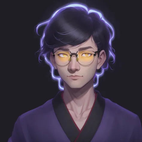<lora:glowhair:1> , glowing, androgynous, black hair, border, branch, bust, glasses, hands, highres, holding, japanese clothes, kimono, male, muted color, muted colors, noose, pale skin, rising sun, rope, solo, spot color, text, yellow eyes
