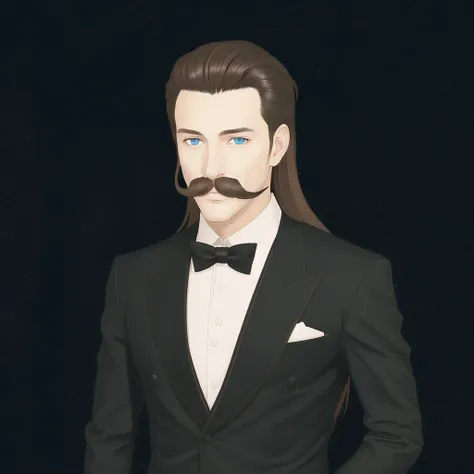 <lora:whytcat:1.0>, starry background, blue eyes, butler, drink, facial hair, long hair, male, mustache, numeri \(gunfra\), tray