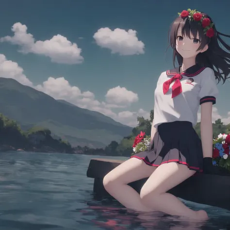<lora:alone2:1>, 2girls, :d, ^ ^, ^o^, ahoge, bangs, bare legs, barefoot, bike shorts, black gloves, black shorts, blue skirt, blue sky, blush, brown hair, closed eyes, clouds, day, elbow gloves, eyebrows visible through hair, flower wreath, from below, gloves, hair between eyes, hair ornament, hair ribbon, hand in hair, hand up, head wreath, long hair, miniskirt, multiple girls, neckerchief, open mouth, outdoors, person carrying, pleated skirt, red neckwear, red ribbon, ribbon, school uniform, serafuku, shiny, shiny hair, shirt, short hair, short sleeves, shorts, shorts under skirt, single elbow glove, single glove, skirt, sky, smile, soaking feet, very long hair, wading, water, white shirt, bandage