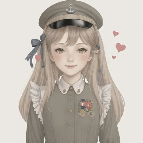 <lora:alice2:1.0>, 1girl, :d, anchor hair ornament, blush, hair ornament, hair ribbon, hand on hip, hat, hear, heart, highres, long hair, long sleeves, looking at viewer, machinery, microskirt, military, military uniform, monochrome, open mouth, peaked cap, pleated skirt, ribbon, simple background, skirt, smile, solo, turret, twintails, uniform, white background