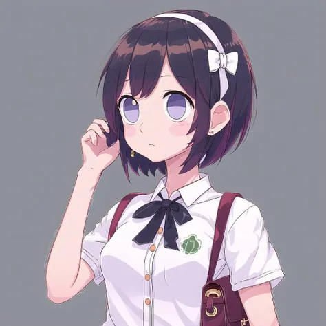 <lora:emptychibi:1> , 1girl, bag, bangs, black hairband, black skirt, bow hairband, candy, chocolate, chocolate bar, collared shirt, dark-skinned female, dark skin, eating, eyelashes, food, food on face, green background, grey eyes, grey hair, hair between eyes, hairband, hand up, highres, holding strap, oka mochi, pleated skirt, school uniform, shirt, short hair, short sleeves, shoulder bag, skirt, solo, traditional media, white bag, white shirt