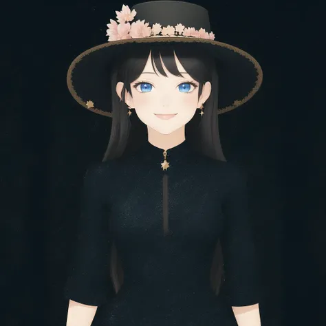 <lora:whytcat:1.0>, starry background, black hair, blue eyes, blush, character name, dress, hat, long hair, smile, stars
