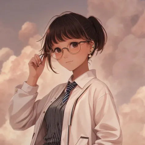 <lora:natsu_ichi2:1> , natsu, 1girl, ?, animal ear fluff, animal ears, bangs, closed mouth, collared shirt, diagonal-striped neckwear, diagonal stripes, ear piercing, eyebrows visible through hair, eyewear removed, glasses, greyscale, hair between eyes, hands up, highres, holding, holding eyewear, jacket, long hair, long sleeves, monochrome, necktie, open clothes, open jacket, piercing, ponytail, shirt, simple background, solo, striped, white background