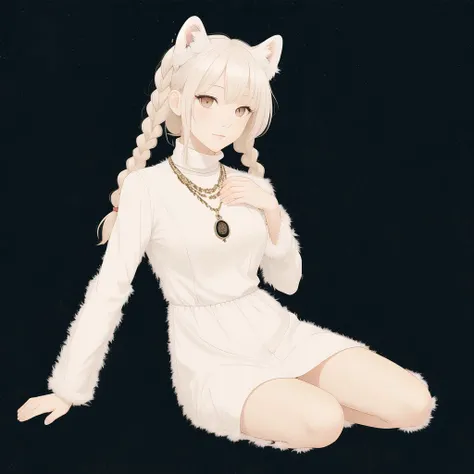 <lora:whytcat:1.0>, starry background, 1girl, animal ear fluff, animal ears, bangs, black cloak, blush, braid, cloak, dress, fang, grey eyes, hair between eyes, hand up, headpiece, highres, jewelry, kashiyarrm, leopard ears, leopard tail, long hair, looking at viewer, necklace, paw pose, seiza, simple background, sitting, solo, tail, thigh-highs, turtleneck dress, twin braids, watch, white background, white dress, white hair