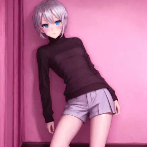 <lora:angy:1> , angy, blue eyes, school uniform, short hair, shorts, silver hair, socks, turtleneck