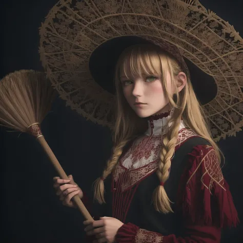 <lora:detkokosh:1> , detkokosh, blonde hair, braid, broom, hat, long hair, short hair, solo, witch hat, yellow eyes