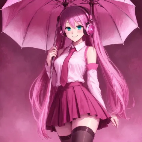 <lora:angy:1> , angy, aqua eyes, aqua hair, detached sleeves, headphones, headset, highres, jumping, legs, long hair, necktie, skirt, smile, solo, thigh-highs, thighhighs, twintails, umbrella, very long hair, zettai ryouiki