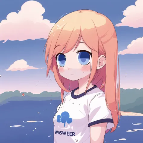 <lora:emptychibi:1> , 1girl, blonde hair, blue eyes, blush, building, long hair, shirt, traditional media, twitter username, water, wet, wet clothes, white shirt