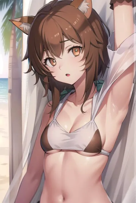 lilirucaarde, <lora:lilitest:1>,
liliruca arde, animal ears, (brown eyes:1.7), brown hair, (small breasts:1.2), short hair,
BREAK bikini,
BREAK looking at viewer,
BREAK outdoors, beach,
BREAK <lora:GoodHands-vanilla:1>, (masterpiece:1.2), best quality, high resolution, unity 8k wallpaper, (illustration:0.8), (beautiful detailed eyes:1.6), extremely detailed face, perfect lighting, extremely detailed CG, (perfect hands, perfect anatomy),