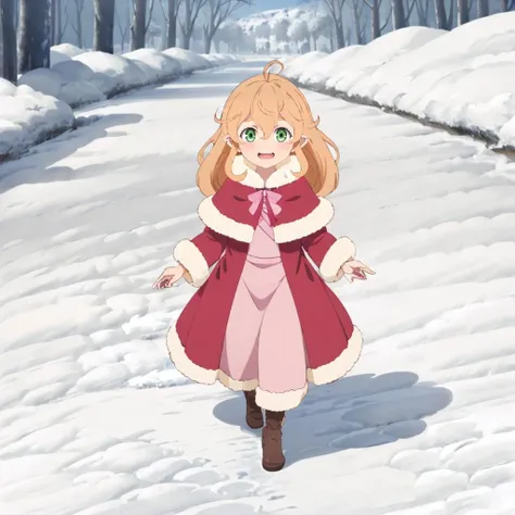 masterpiece,highres,high quality,extremely detailed,solo,
<lora:bee001:0.7>,happiness,
Be_e,1halflinggirl,ahoge,
red capelet,fur-trimmed capelet,pink bow,
pink dress,
brown footwear,
snow,walking,