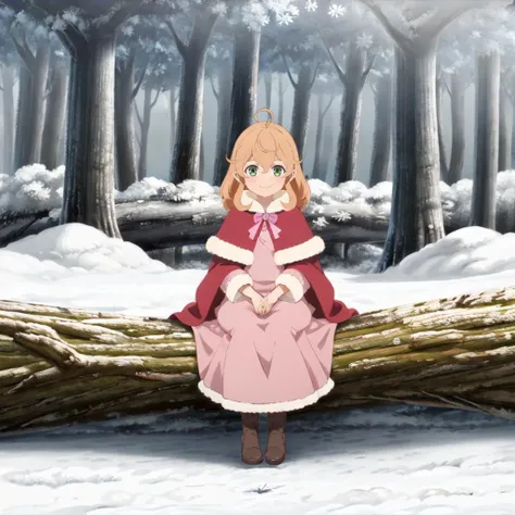 masterpiece,highres,high quality,extremely detailed,solo,
<lora:bee001:0.7>,smile,
Be_e,1halflinggirl,ahoge,
red capelet,fur-trimmed capelet,pink bow,
pink dress,
brown footwear,
snow,sitting,fallen trees,