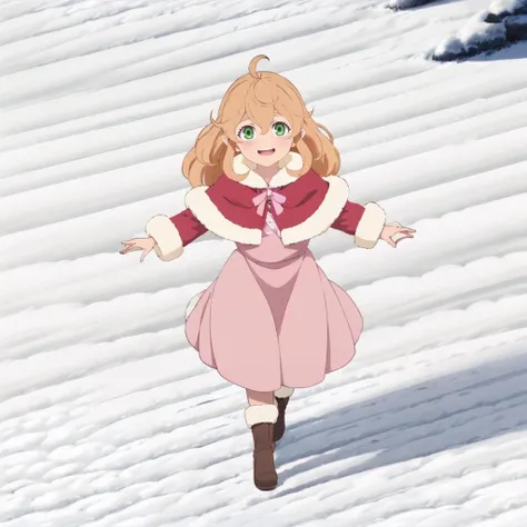 masterpiece,highres,high quality,extremely detailed,solo,
<lora:bee001:0.7>,smile,
Be_e,1halflinggirl,ahoge,
red capelet,fur-trimmed capelet,pink bow,
pink dress,
brown footwear,
snow,dancing,