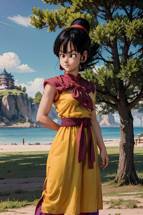 (masterpiece, best quality), 1girl, <lora:OGT_Chi_Chi-v2:0.8> Chi Chi DBZ, 1girl, chi-chi (dragon ball z), solo, black hair, tree, outdoors, dress, black eyes, hair bun, earrings, sky, cloud, single hair bun, day, jewelry, retro artstyle, bangs, chinese clothes