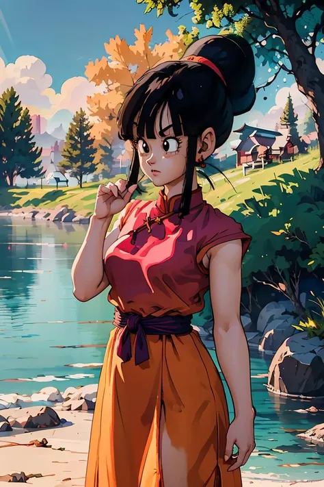 (masterpiece, best quality), 1girl, <lora:OGT_Chi_Chi-v2:0.8> Chi Chi DBZ, 1girl, chi-chi (dragon ball z), solo, black hair, tree, outdoors, dress, black eyes, hair bun, earrings, sky, cloud, single hair bun, day, jewelry, retro artstyle, bangs, chinese clothes