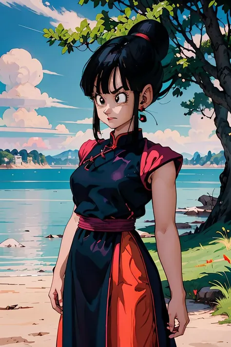 (masterpiece, best quality), 1girl, <lora:OGT_Chi_Chi-v2:0.8> Chi Chi DBZ, 1girl, chi-chi (dragon ball z), solo, black hair, tree, outdoors, dress, black eyes, hair bun, earrings, sky, cloud, single hair bun, day, jewelry, retro artstyle, bangs, chinese clothes