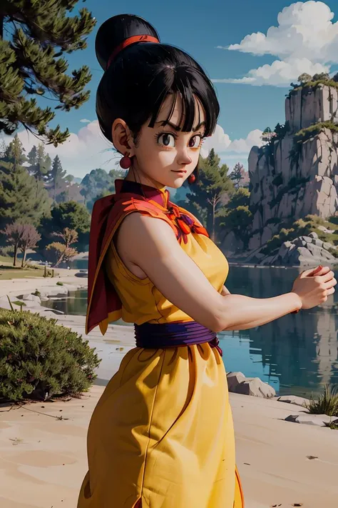 (masterpiece, best quality), 1girl, <lora:OGT_Chi_Chi-v2:0.8> Chi Chi DBZ, 1girl, chi-chi (dragon ball z), solo, black hair, tree, outdoors, dress, black eyes, hair bun, earrings, sky, cloud, single hair bun, day, jewelry, retro artstyle, bangs, chinese clothes