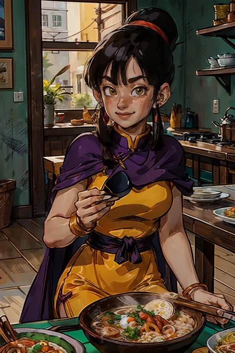 Chi Chi (dragon ball), long black hair, bangs, hair bun, sidelocks, medium breasts, earrings, chinese clothes, yellow dress, purple cape, sleeveless, looking at viewer, smiling, happy, blush, medium shot, sitting behind a table, inside a cozy kitchen, table full of food, ramen, soup, rice, high quality, masterpiece, <lora:OGT_Chi_Chi-v2:.7>