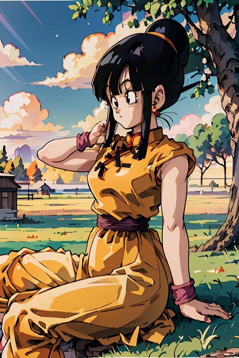 (masterpiece, best quality), 1girl, <lora:OGT_Chi_Chi-v2:0.8> Chi Chi DBZ, 1girl, chi-chi (dragon ball z), solo, black hair, tree, outdoors, dress, black eyes, hair bun, earrings, sky, cloud, single hair bun, day, jewelry, retro artstyle, bangs, chinese clothes