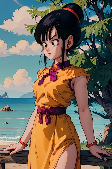 (masterpiece, best quality), 1girl, <lora:OGT_Chi_Chi-v2:0.8> Chi Chi DBZ, 1girl, chi-chi (dragon ball z), solo, black hair, tree, outdoors, dress, black eyes, hair bun, earrings, sky, cloud, single hair bun, day, jewelry, retro artstyle, bangs, chinese clothes