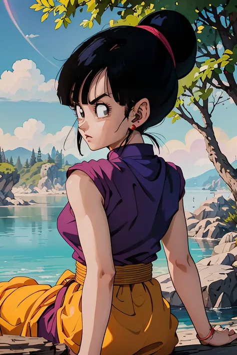 (masterpiece, best quality), 1girl, <lora:OGT_Chi_Chi-v2:0.8> Chi Chi DBZ, 1girl, chi-chi (dragon ball z), solo, black hair, tree, outdoors, dress, black eyes, hair bun, earrings, sky, cloud, single hair bun, day, jewelry, retro artstyle, bangs, chinese clothes