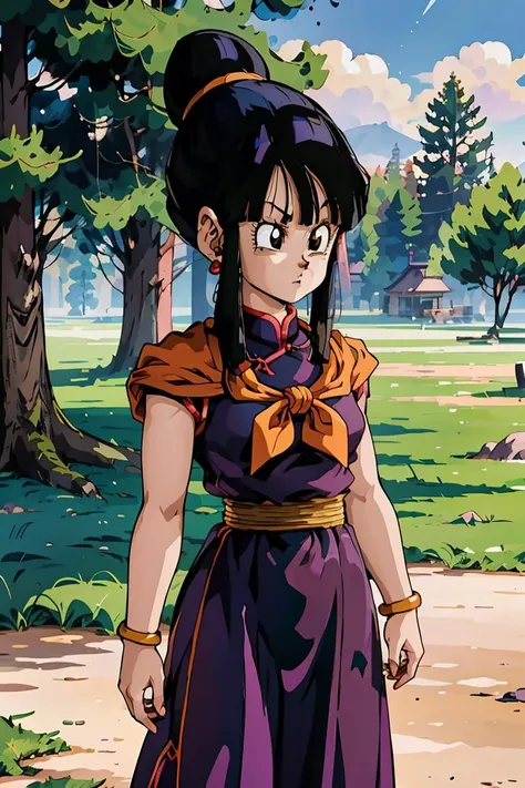 (masterpiece, best quality), 1girl, <lora:OGT_Chi_Chi-v2:0.8> Chi Chi DBZ, 1girl, chi-chi (dragon ball z), solo, black hair, tree, outdoors, dress, black eyes, hair bun, earrings, sky, cloud, single hair bun, day, jewelry, retro artstyle, bangs, chinese clothes