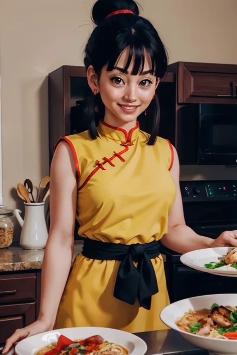 Chi Chi, long black hair, bangs, hair bun, sidelocks, medium breasts, earrings, chinese clothes, yellow dress, sleeveless, looking at viewer, smiling,happy, teeth, standing, inside a cozy kitchen, counter, food, holding a plate of food, ramen, rice, grilled chicken, high quality, masterpiece, <lora:OGT_Chi_Chi-v2:.7>