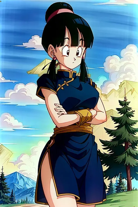 (extremely detailed CG unity 4k wallpaper),(masterpiece),(best quality),(ultra-detailed),(best illustration),(best shadow),(absurdres),(detailed background), <lora:OGT_Chi_Chi-v2:0.8> Chi Chi DBZ, 1girl, chi-chi (dragon ball z), solo, black hair, tree, outdoors, dress, black eyes, hair bun, earrings, sky, cloud, single hair bun, day, jewelry, retro artstyle, bangs, chinese clothes