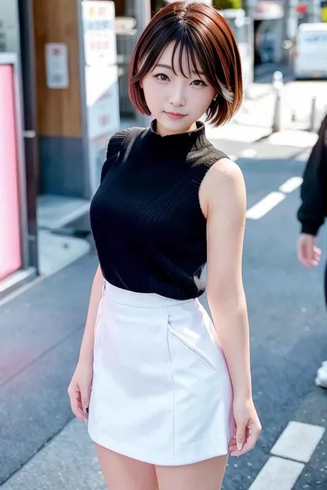 (skin blemish:1.2), (skindentation), black eye, 1woman, 25yo, (((woman))), solo, realistic, best quality, photorealistic, masterpiece, 8k, high res, solo, extremely detailed face, (professional lighting, bokeh), (light particles, lens flare, glowing particles:0.6), (dynamic pose:1.2), soft lighting, top angle view, fashionable and trendy atmosphere, japan, street, tokyo, city, ((daytime)), sky, ((looking at the viewer:1)), (looking at the camera),(portrait:0.6), cowboy shot, gorgeous, standing, keep original facial proportion, wide shoulder, full body, (small breast), (medium hair), brown hair, floating hair, lips, lipstick, seductive smile, floating hair, smile, open_mouth, teeth, (sleeves less white blouse), (jumper skirt), eyelashes, mole, (mole under eye:1), <lora:TusukiA:0.8>