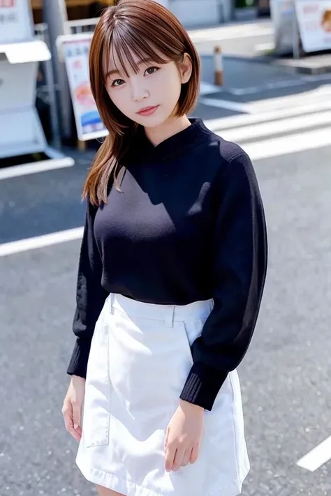(skin blemish:1.2), (skindentation), black eye, 1woman, 25yo, (((woman))), solo, realistic, best quality, photorealistic, masterpiece, 8k, high res, solo, extremely detailed face, (professional lighting, bokeh), (light particles, lens flare, glowing particles:0.6), (dynamic pose:1.2), soft lighting, top angle view, fashionable and trendy atmosphere, japan, street, tokyo, city, ((daytime)), sky, ((looking at the viewer:1)), (looking at the camera),(portrait:0.6), cowboy shot, gorgeous, standing, keep original facial proportion, wide shoulder, full body, (medium breast), (medium hair), brown hair, floating hair, lips, lipstick, seductive smile, floating hair, smile, open_mouth, teeth, (sleeves less white blouse), (jumper skirt), eyelashes, mole, (mole under eye:1), <lora:TusukiA:0.8>