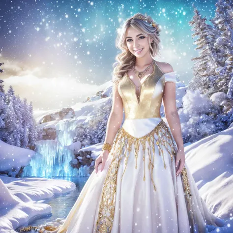 realistic analog photo, award winning photo,
1girl,  messy hair, makeup, jewelry, necklace, posing for photo, smiling 
 <lora:AGF:0.88>, a woman in a white dress and gold accessories,  wearing AGF,  
in a fountain    <lora:RealmsOfIce-10:0.75> ice, snowy mountain, frozen stream,
RAW, highres, 8k, uhd, High Dynamic Range, tonemapping, crisp details,