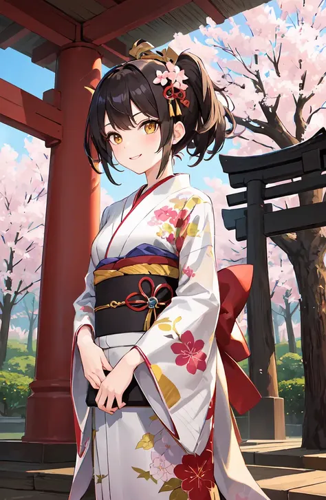 masterpiece, best quality, ultra-detailed, illustration, 1girl, ((looking at viewer)), (cowboy shot), smile, yellow eyes,short hair,brown hair,blunt bangs,(Highest Quality, Amazing Details:1.25),
Small Breasts,japanese clothes,Kimono, Kimono Obi, Cherry Blossom Tree, Flower Branch, With Falling Petals, East Asia Architecture, Standing Looking Up In Little Shrine, Torii Gates