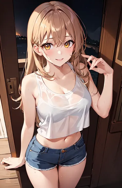 masterpiece, best quality, ultra-detailed, illustration, 1girl, ((looking at viewer)), (cowboy shot), smile,light brown hair, yellow eyes,hair between eyes,
Soaking Wet Clothes And Hair, See-Through Tank Top, Navel, Short Pants, Looking Up The Sky, Brilliant Colorful Paintings