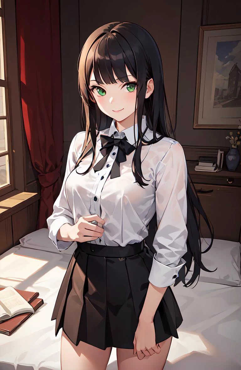 masterpiece, best quality, ultra-detailed, illustration, 1girl, ((looking at viewer)), (cowboy shot), smile, green eyes,long hair,blunt bangs,on bed,
collared shirt,shirt,skirt,small breast,long hair, empowered, beautiful, detailed,