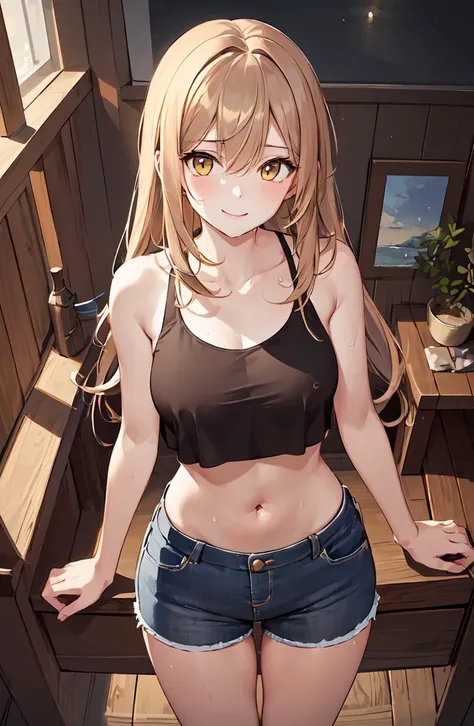 masterpiece, best quality, ultra-detailed, illustration, 1girl, ((looking at viewer)), (cowboy shot), smile,light brown hair, yellow eyes,hair between eyes,
Soaking Wet Clothes And Hair, See-Through Tank Top, Navel, Short Pants, Looking Up The Sky, Brilliant Colorful Paintings