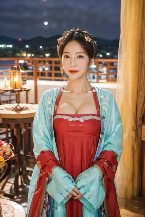 (perfect glossy shiny skins:1.3),(cowboy shot:1.5),
(1girl),
(8k, RAW photo, best quality, masterpiece:1.2),(realistic),(photo-realistic:1.37),ultra_color,high quality,ultra detailed,ultra-fine painting,sharp focus,extreme detail description,
professional lighting,photon mapping,radiosity,physically-based rendering,highres,extremely detailed,cinematic lighting,
(beautiful big eyes),round eyes,pretty face,Blushing face,light smile,high nose bridge,shiny eyes,
[:(detailed face:1.2):0.2],(PureErosFace_V1:0.2),(ulzzang-6500:0.8),
(a 20 years old beautiful [russian:japanese:0.3] woman),(a face of perfect proportion),((curly hair)),((gradient hair)),(hairpin),
beautiful composition,(muscle:0.8),(cleavage),nice hands,perfect hands,
(big breasts:1.2),(tangdynastyhanfu),<lora:tangdynastyhanfu-000006:0.9>,
hotel,indoor,window,(night sky:1.4),table,curtains,looking at viewer,red wine,steak,fruit,
(sweaty),embarrassed,<lora:FilmG2:0.4>,cinematic_angle,wide_shot,<lora:more_details:0.3>,