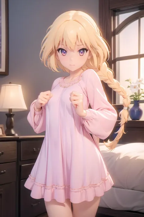 (masterpiece),best quality,cowboy_shot,medium_shot,thighs,looking at viewer,Look directly,<lora:princess_calla_v1:0.75>,princess calla,blue dress,single braid,white long sleeves,princess calla,pink nightgown,single braid,