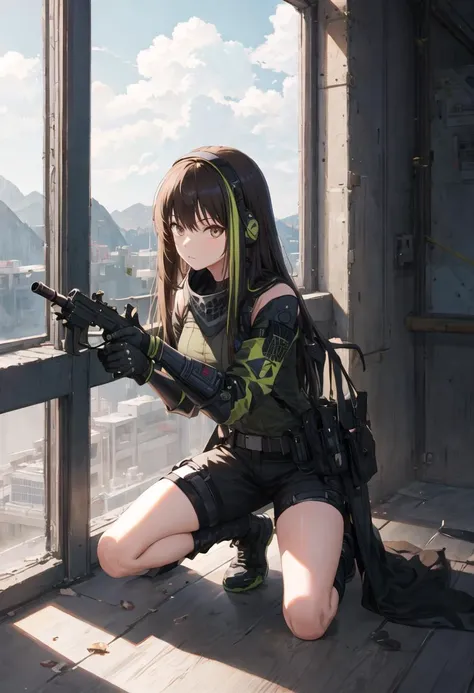 {safe:1.10}, best quality, masterpiece, highres, solo, {m4a1_girlsfrontline:0.90}, kneeling, kneeling on one knee, on one knee, cowboy_shot, looking at viewer