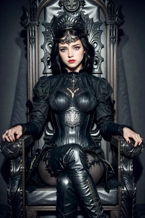 (realistic:1.3), finely detailed, quality, rembrandt lighting, (masterpiece:1.2), (photorealistic:1.2), (best quality), (detailed skin:1.3), (intricate details), dramatic, ray tracing, 1girl, american girl, 21 years old, detailed skin texture, (blush:0.5), (goosebumps:0.5), subsurface scattering, cruel angry frown, makeup, lipstick, medium breasts, long hair, black hair, bangs, hair between eyes, HUD_Evl_Qn, long black dress, headdress, high collar, neckpiece, laser cut, intricate carved corset, long sleeves, boots, full body, sitting, (dark ominous evil throne, majestic evil throne hall), <lora:Fairy_Tale_Dress_2__evil_queen:0.5>