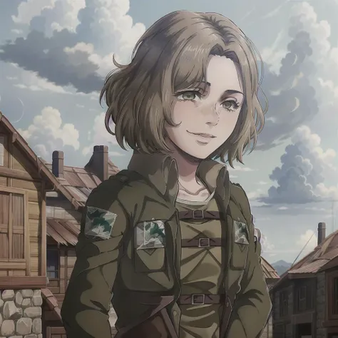 1girl, Hitch Dreyse, Attack on Titan, brown hair, green eyes, paradis military uniform, smile, cowboy shoot, <lora:aot_hitch:1>