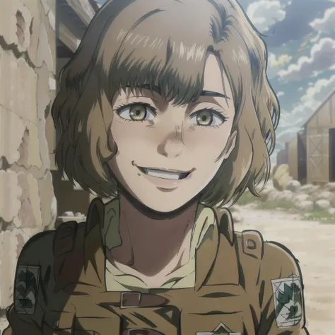 1girl, Hitch Dreyse, Attack on Titan, brown hair, green eyes, paradis military uniform, smile, cowboy shoot, <lora:aot_hitch:1> <lora:aot_style:0.5>