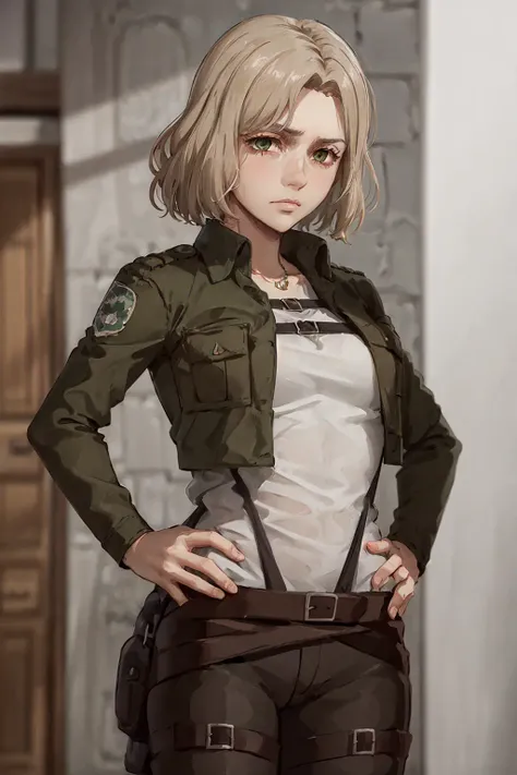 (masterpiece, best quality:1.2), <lora:aot_hitch-10:0.9>, cowboy shot, solo, 1girl, hitch dreyse, expressionless, closed mouth, hand on hip, light brown hair, green eyes, (paradis military uniform:1.1)