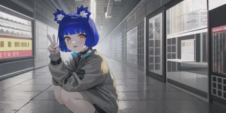 1girl, solo, animal ears, blue hair, short hair, choker, red eyes, bangs, blunt bangs, animal ear fluff,
squatting, peace sign, v<hypernet:gris:0.95>