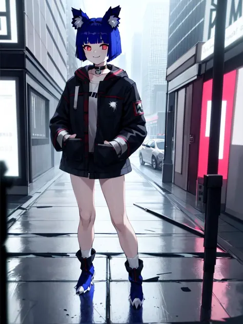 1girl, solo, animal ears, blue hair, short hair, choker, red eyes, bangs, blunt bangs, animal ear fluff,
jacket, winter clothing, jeans, boots,
standing, ((low angle)), smiling<hypernet:gris:0.75>